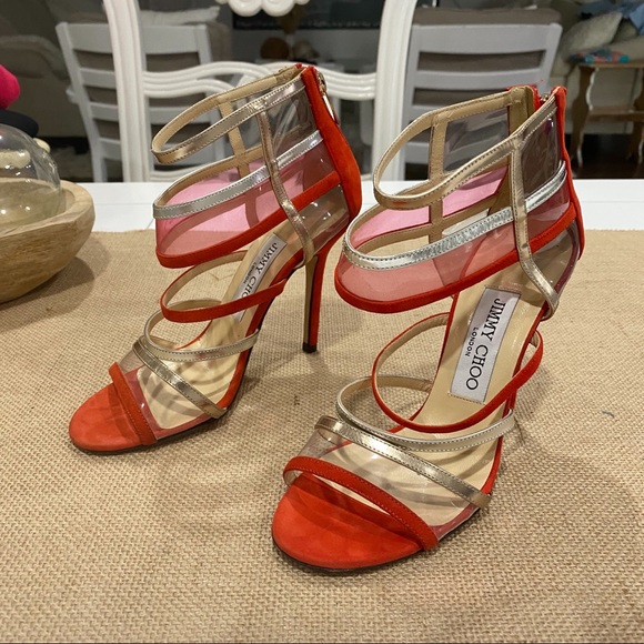 Jimmy Choo MaiTai Sandals Leather Clear Transparent Orange Sz 35 Strappy Heels - Picture 3 of 9